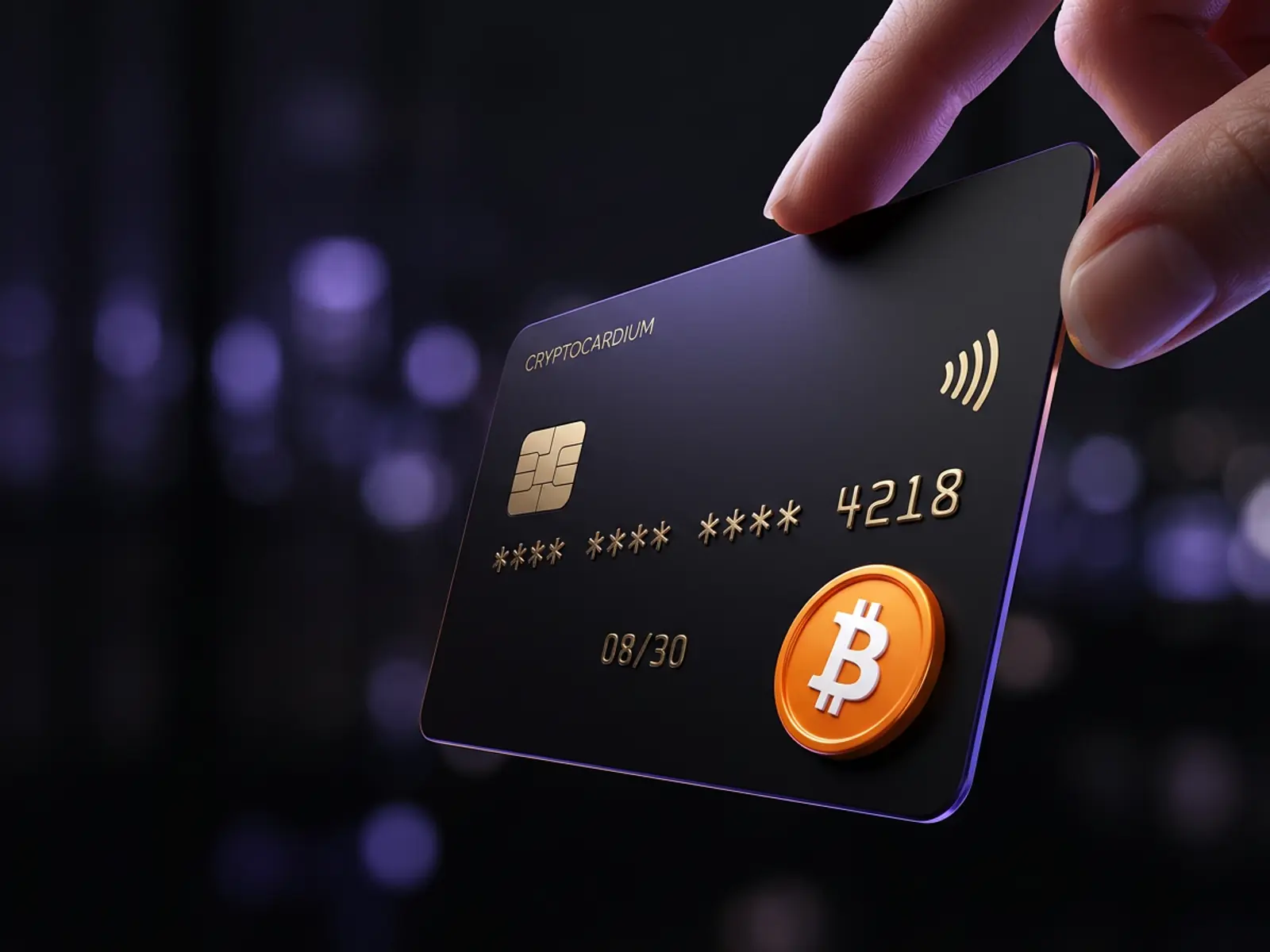 Parmak uçları arasında tutulan premium mat siyah Cryptocardium fiziksel kartı
